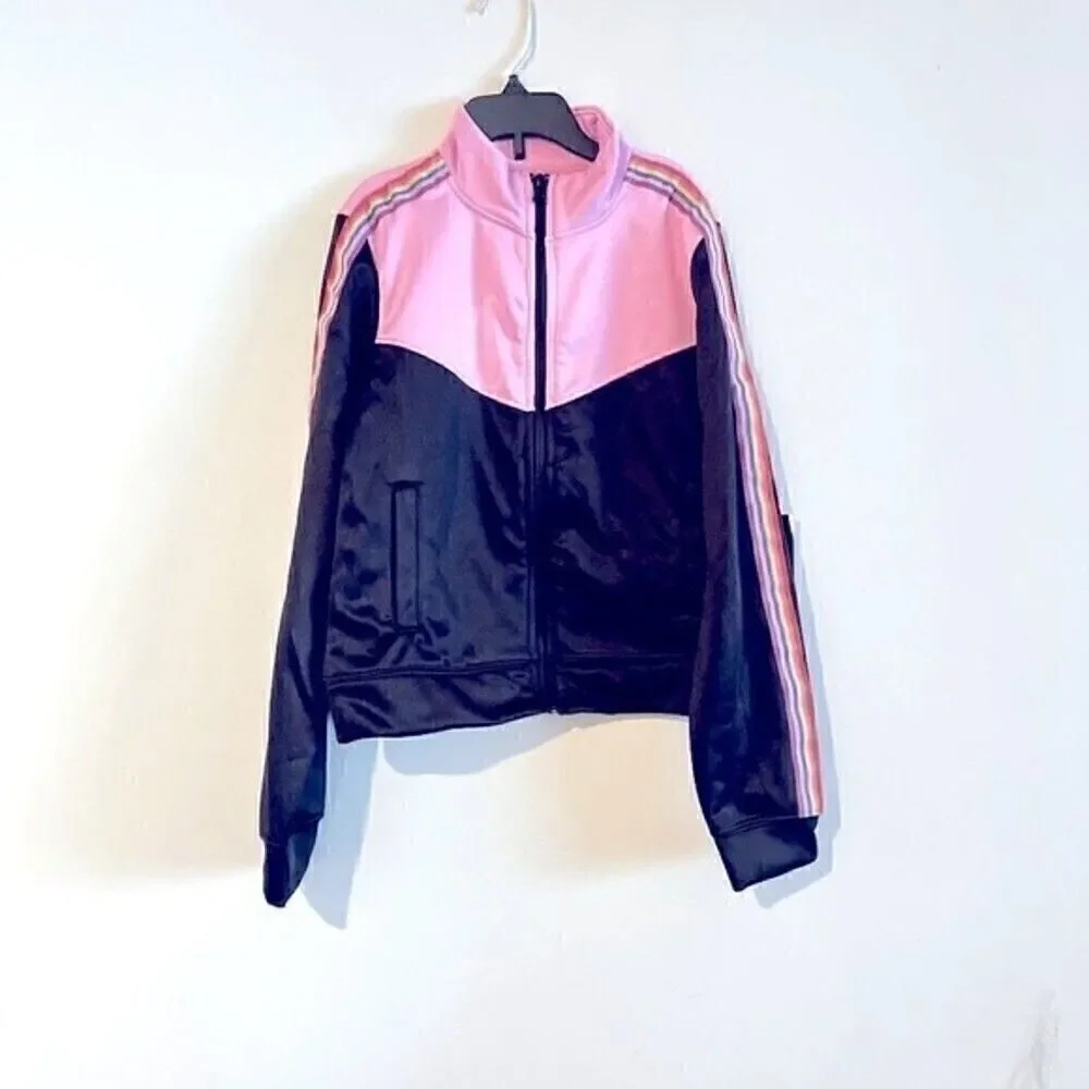 New Ideology Big Girls Rainbow Striped Track Jacket Pink/Black sweater s…